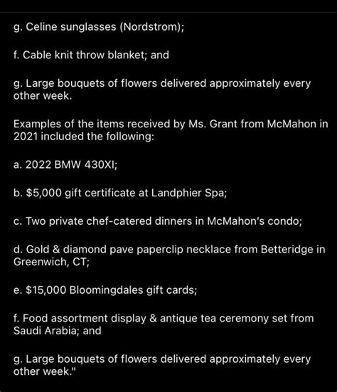 This is apparently a list of all the gifts that Janel Grant received ...